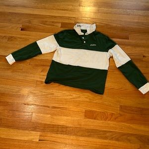 Green and white striped long sleeve collared shirt